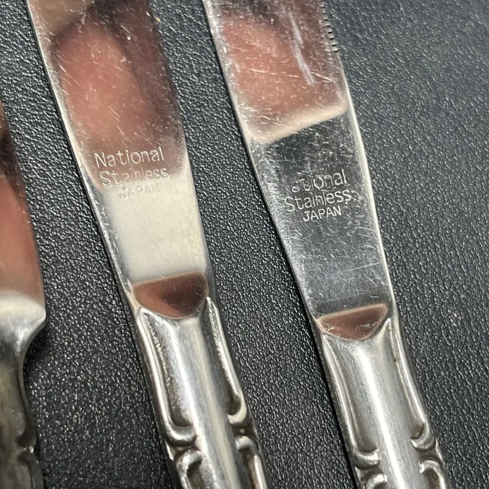 Vtg National Stainless Dinner Knives & Butter KnivesRose Flower Made In Japan. N